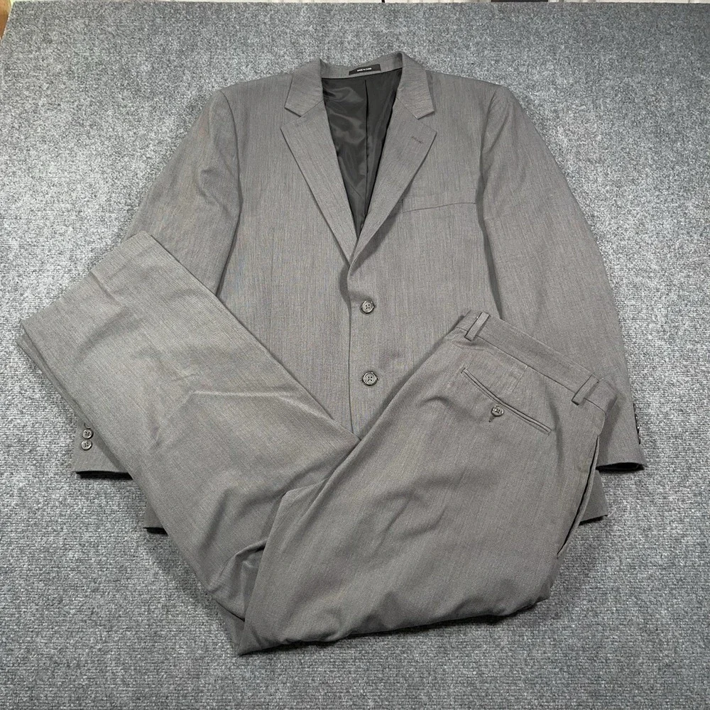 Van Heusen Mens Gray Blazer Birdseye 2-Piece Suit Set 46R / 38x32 Pants Office